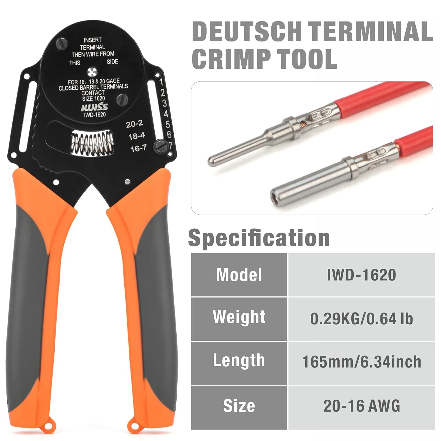 IWISS IWD-1620 Deutsch Size 16 Crimper,Solid Barrel Contact&Circular Connector Contacts Crimping Tool,8 Indents Wire Crimp Plier