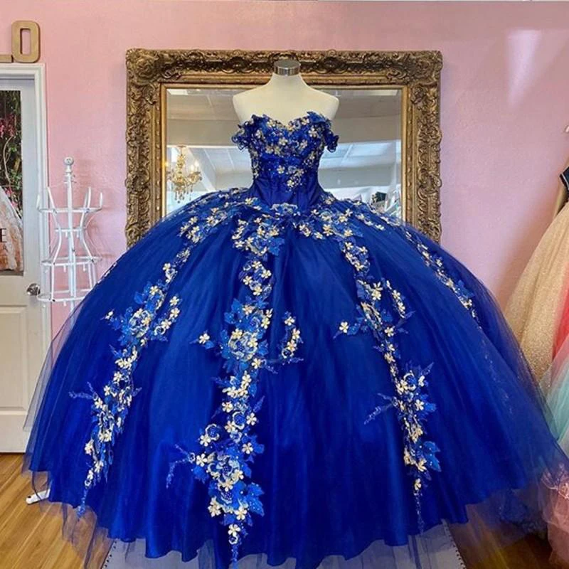 Robe de bal bleu Royal, à fleurs 3D, 16 robes de fête, à épaules dénudées