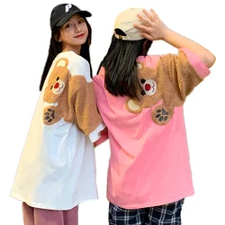 Summer Cute Funny Couple T Shirts Women Kawaii Furry Cartoon Bear Embroidery Half Sleeves Tshirt Bestie Friends Matching Tee Top