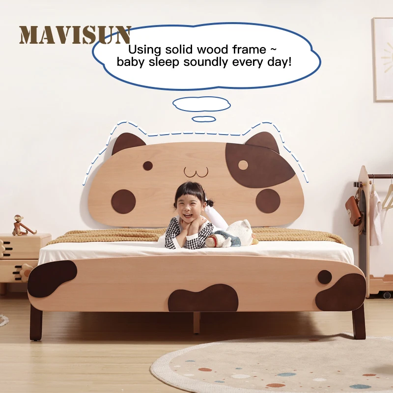 Milk Cat Beech Bed Children's Solid Wood Bed Girl Princess Bed Cartoon Child Girl Bedroom Creative Cute Home Furniture Bed