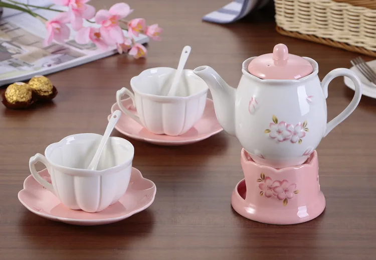 MCJ  Japanese and Korean style flower-shaped relief ceramic coffee cup and saucer pot set with heating base flower tea set