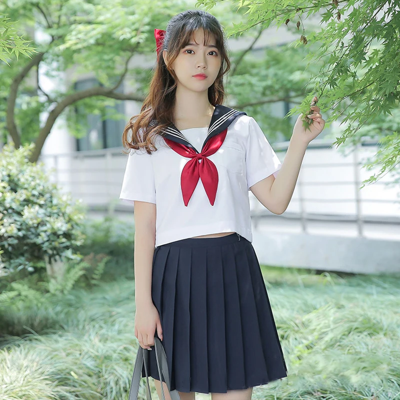 S-2XL Summer Pleated Skirt + Tops Sets Japanese School Uniforms Teen Girls Anime Cosplay College Student Sailor Uniform C50153AD