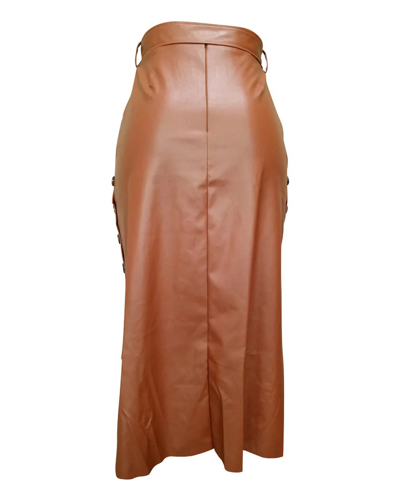 Women Trendy PU Leather Midi Skirt Solid Color High Waist Lace-up Side Button Slim Skinny Pencil Skirt for Ladies Streetwear