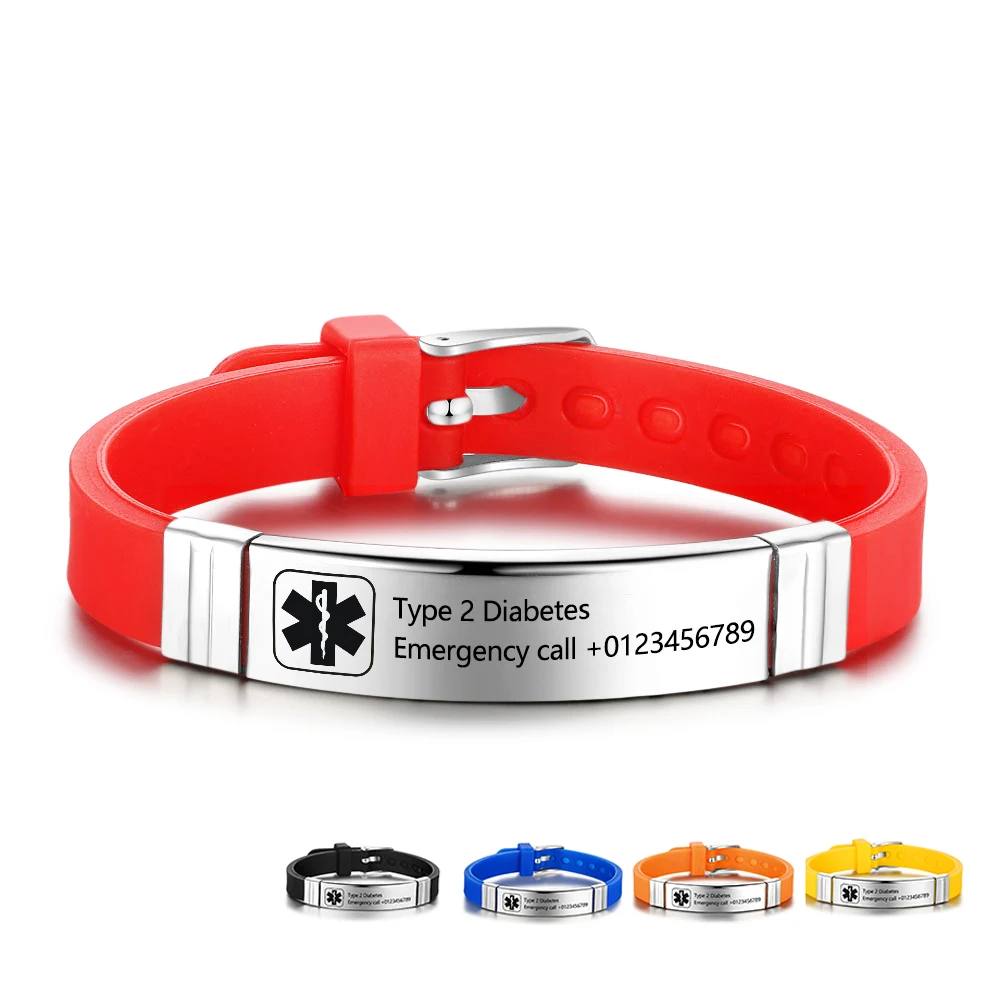 Personalized Silicone Bracelets & Bangles Multicolor Option DIY Medical Alert ID Stainless Steel Bracelets Jewelry Gift for Man