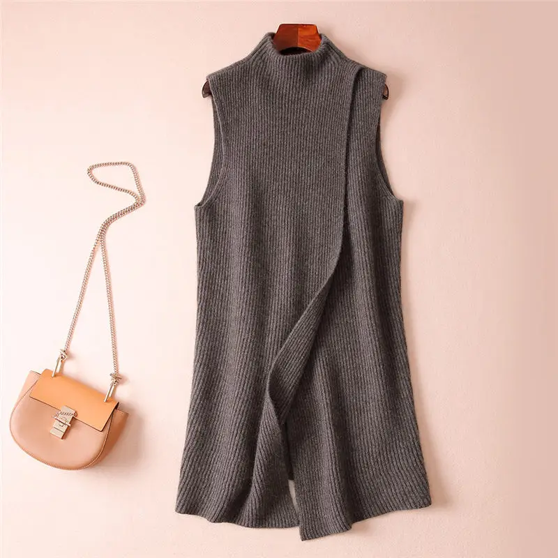 Korean Autumn And Winter Cashmere Knitted Vest Women's Mid-Length Loose Waistcoat Sleeveless Sweater Stand Up Collar Tops M859