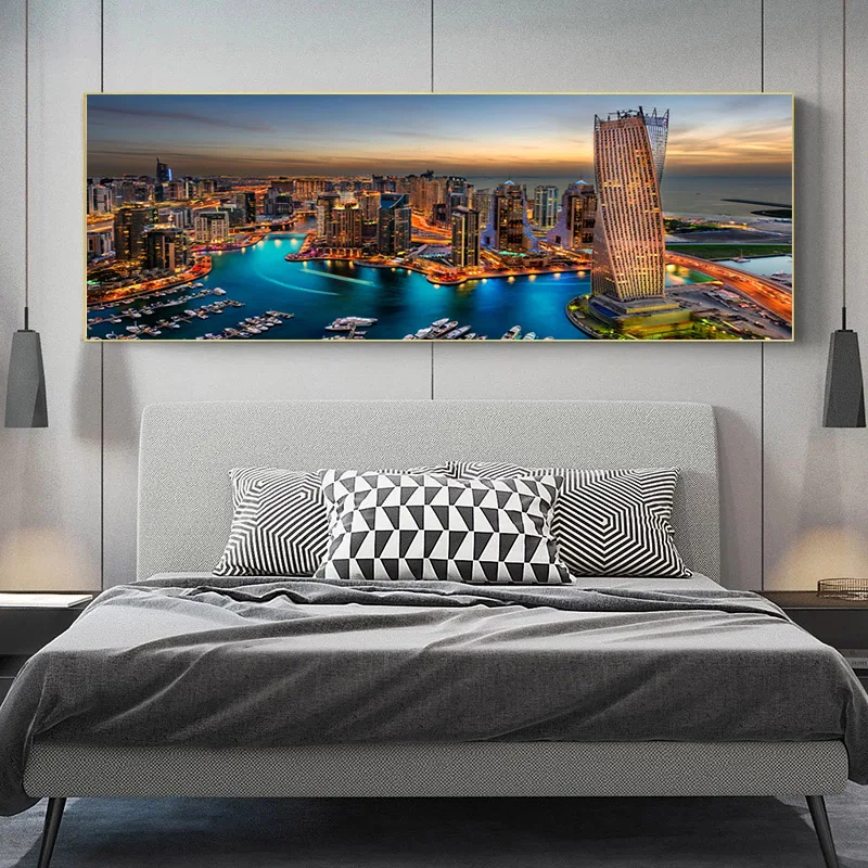 City Night Landscape Wall Art Picture, Skyscrapers Canvas Painting, Poster Prints, Living Room, Bedroom, Dining, Home Decor