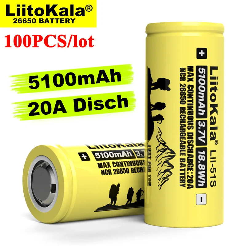 

100PCS Liitokala LII-51S 26650 20A power rechargeable lithium battery 26650A 3.7V 5100mA Suitable for flashlight