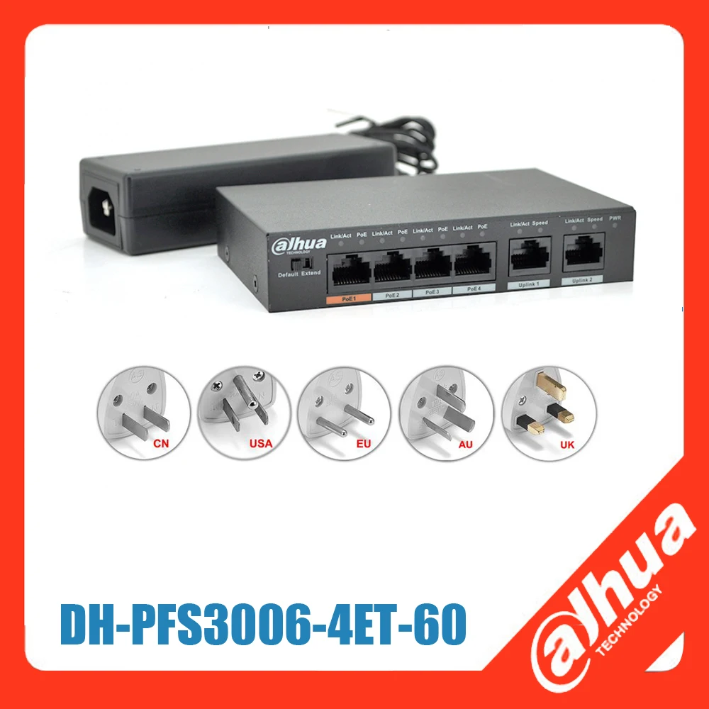 Dahua DH-PFS3006-4ET-60 4-Port 60W PoE Ethernet Switch PFS3006-4ET-60 with power adapter for the dahua hikvision onvif ip camera