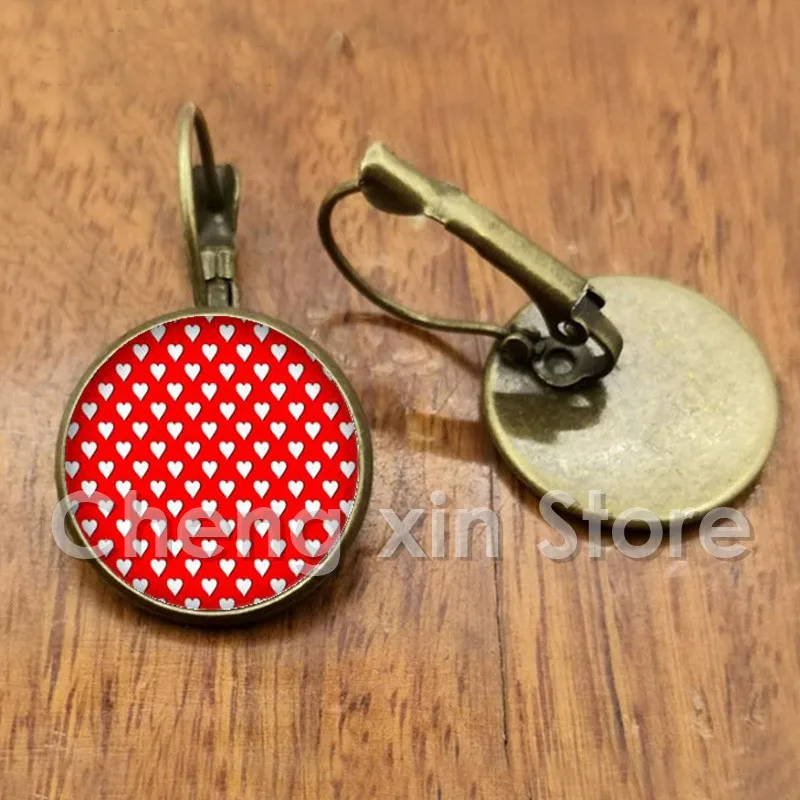 Classic red black polka dot pattern round glass convex round dome earrings handmade jewelry