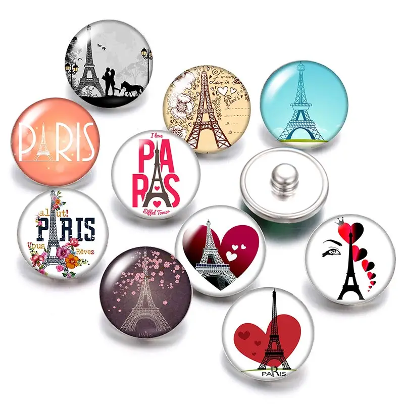 

DB0456 beauty Eiffel Tower 18mm snap buttons 10pcs mixed round photo glass cabochon style for snap button jewelry