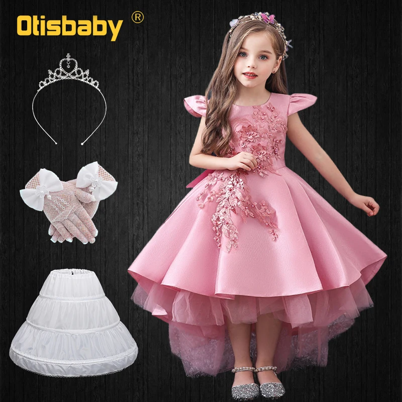 Formal Girl Swallowtail Wedding Party Ceremony Long Evening Bridesmaid Children Princess Dresses Girls Fishnet Gloves Petticoat