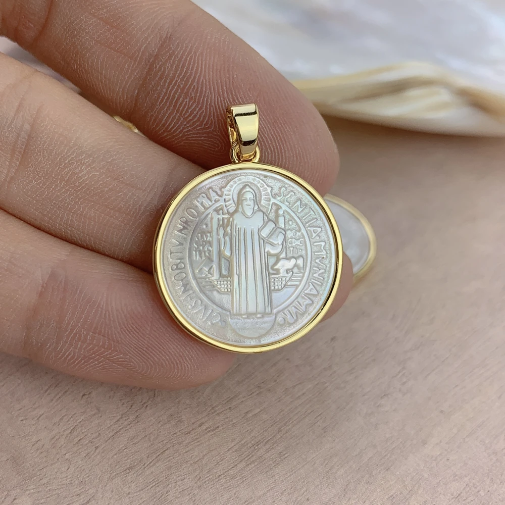 Catholicism Saint Benedict Pendants For Jewelry Making Round Mother of Pearl Shell Medal Necklace Charms