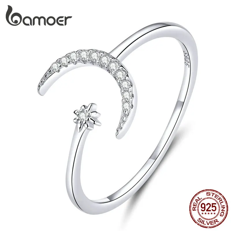 BAMOER Genuine 925 Sterling Silver Guardian Luna Adjustable Finger Ring for Women Geometric Ring Fine Jewelry Engagement Gift