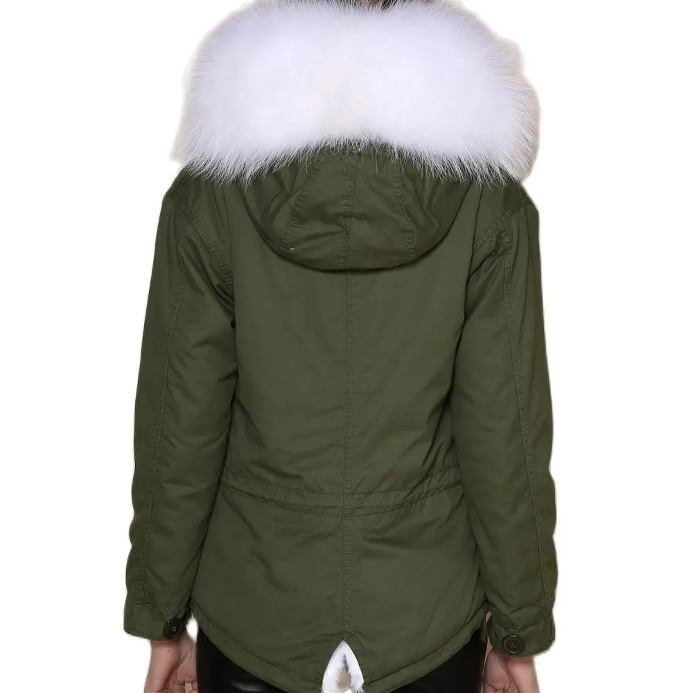 Fashion Winter New Arrival Solid White Raccoon Collar Ladies Winter Thickness Furs Lined Army Green Shell Wear