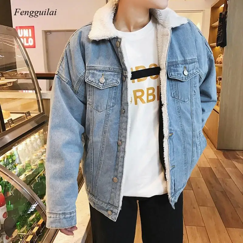 Men Light Blue Winter Jean Jackets Outerwear Warm Denim Coats New Men Large Size Wool Liner Thicker Winter Denim Jackets