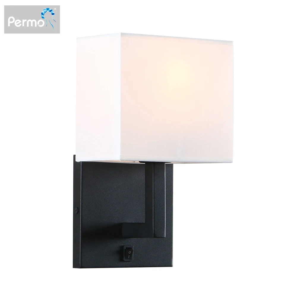 Permo single wall luminaire with white textile shadow and on / off switch button, small modern bedside lamp for bedside reading