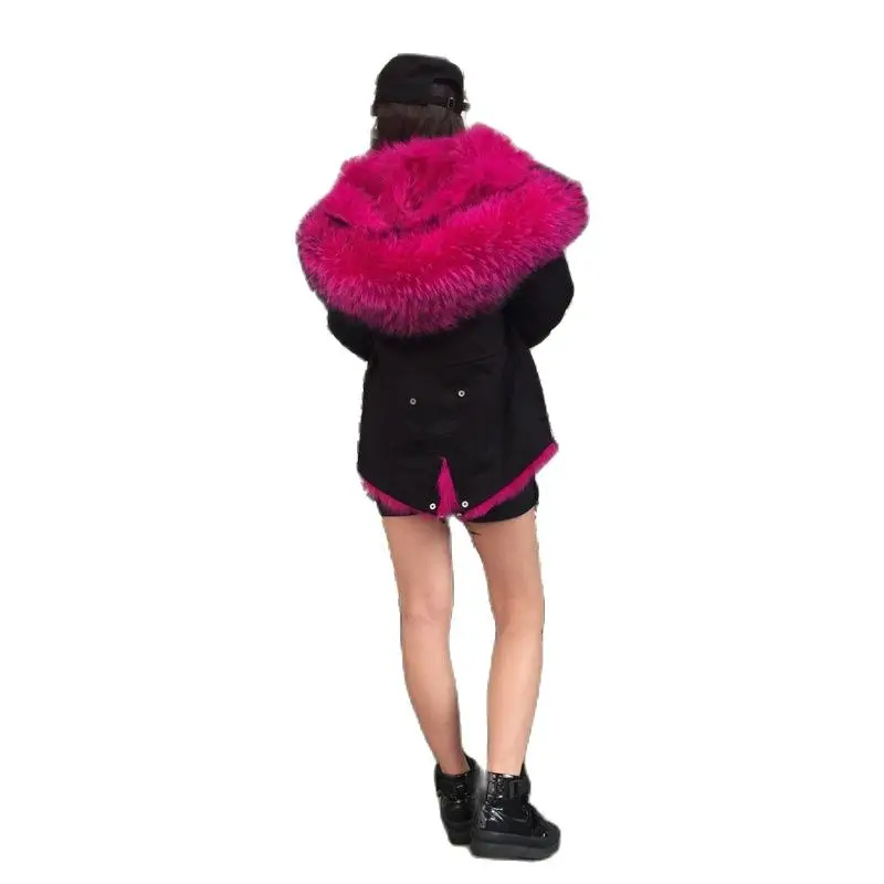 Black Mini Parka Shell Rose Pink Fox Fur Wear,Rose Pink Fashion Mr Mrs Fur Wear Luxury Fox Wear