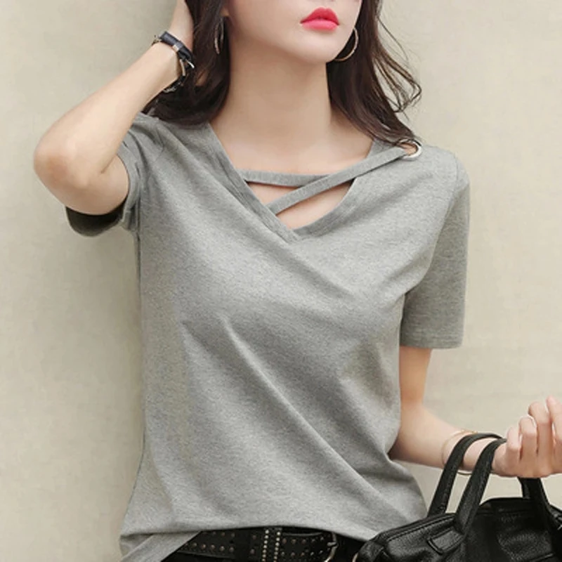 2024 new summer short sleeve women white t-shirt women V-neck loose Korean black top casual compassionate trend t shirt women