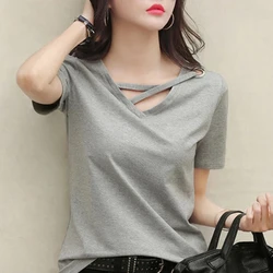 2024 new summer short sleeve women white t-shirt women V-neck loose Korean black top casual compassionate trend t shirt women
