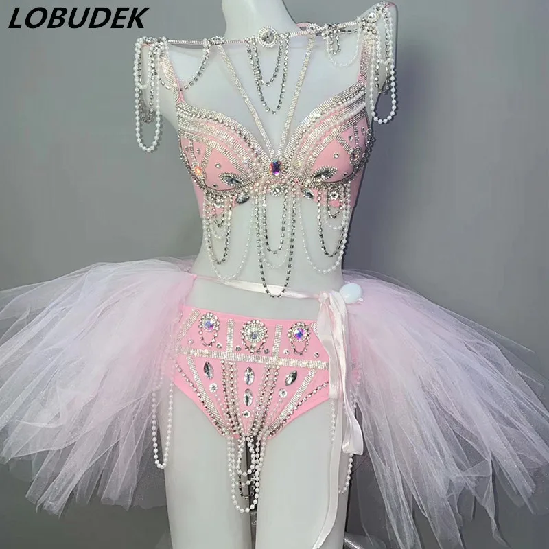 

Nightclub DJ Dancer Team Sexy Luminous Dance Costume Pink Beading Crystal Bikini Gauze Skirt Electric Music Festival Rave Outfit