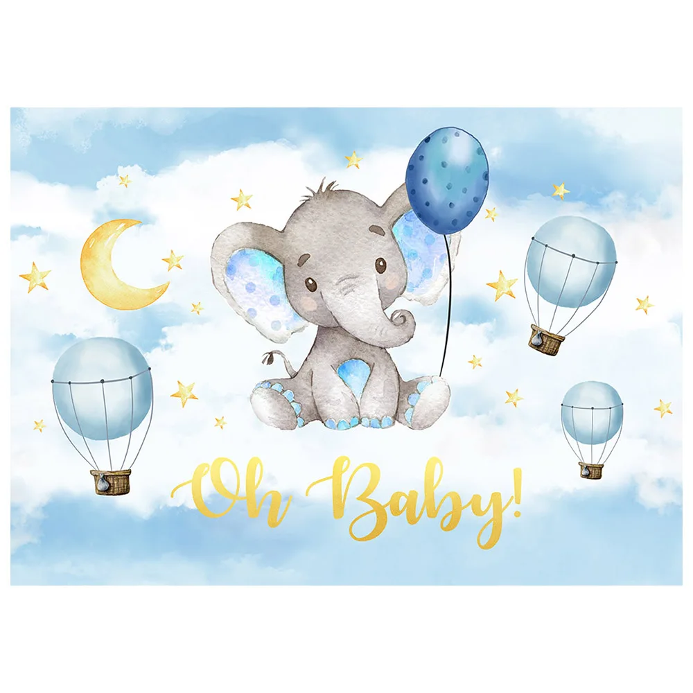 Mocsicka Oh Baby Neugeborenen Baby Dusche Hintergrund Elefanten Heißer Luft Ballon Gold Stern Foto Hintergrund Blauen Himmel Weißen Wolke Deco