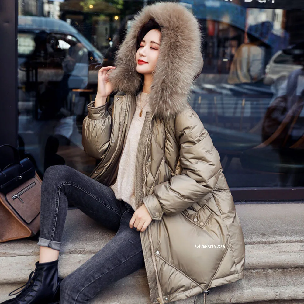 Overszie Large Natural Fur collar Hooded Winter Down Coat Women 90% White Duck Down Jacket Thick Warm Parkas Female Outerwear