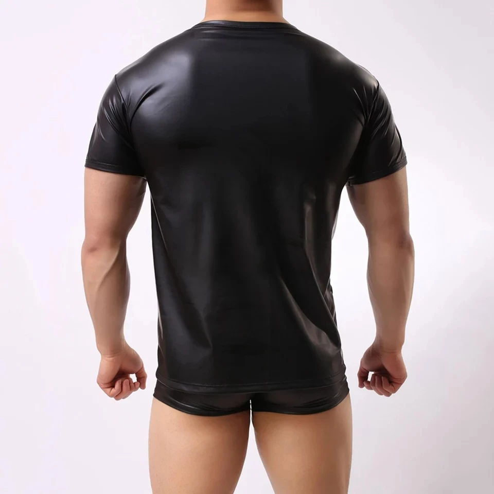 Mens Sexy Soft Sheath Leather Short Sleeve Tops Erotic Shaping Stretch Shirts Latex Bodycon Metallic Leather T-shirts Vest Sexi