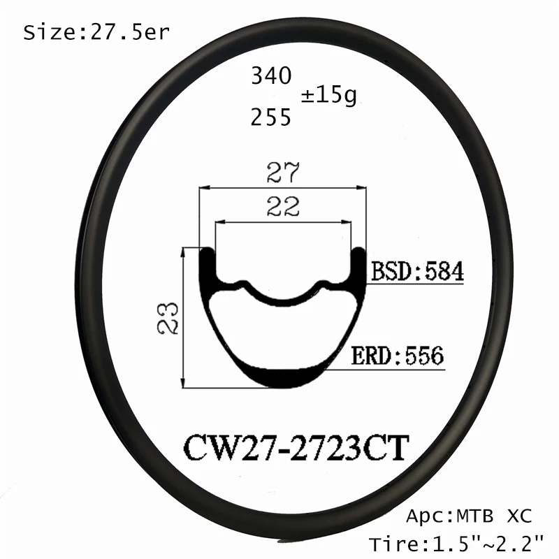 255g Just New Tech Develop MTB Carbon Rim 27.5Inch 27mm Wide 23mm Depth Disc Brake Hookless Clincher Tubeless Cycle XC Wheel