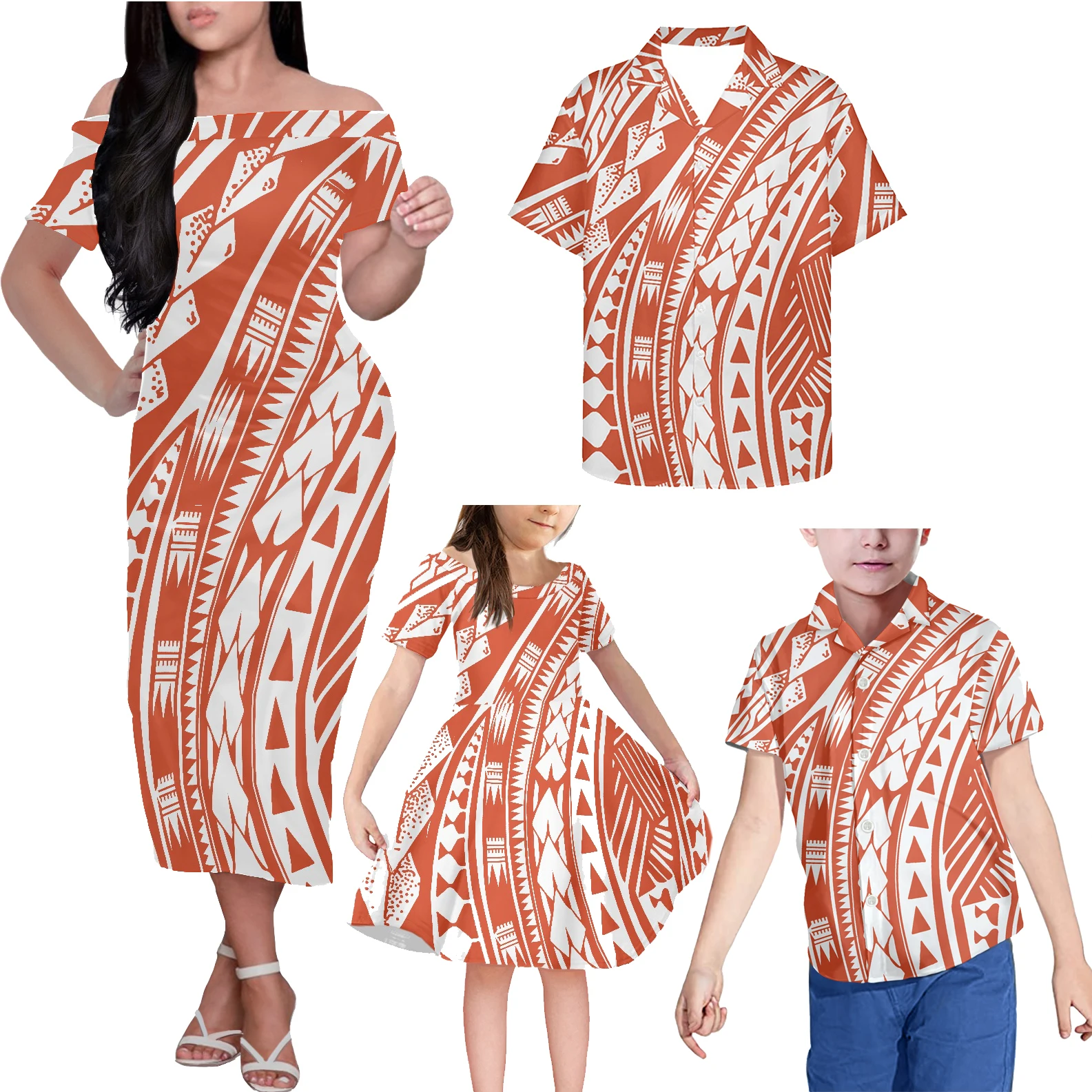 

HYCOOL Custom Logo Orange Samoan Mommy And Daughter Matching Clothes Polynesian Tribal Print 4pcs Family Sets Boy's Shirt Casual