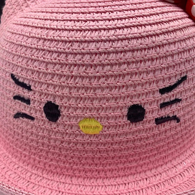 Children girl summer straw sun hat cartoon cat embroidery beach hat kids cute baby Visor cap