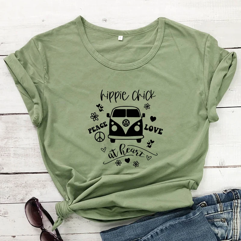 

Hippie Chick At Heart T-shirt Women Vintage Boho Hippie Soul Tshirt Funny Happy Camper Graphic Tee Shirt Top