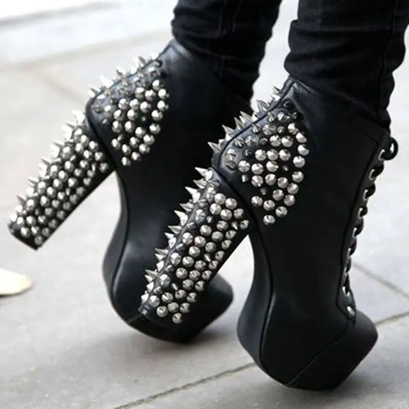 Punk Spiky Rivets Ankle Boots Platform Square High Heels Ladies Stage Spikes Cover Short Bottines Women Spring Autume Party Shoe