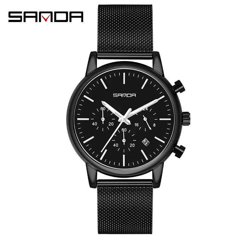 SANDA New Fashion Business Leisure Three Eyes Imitating Six Needle Calendar Waterproof Graduation Bar Nail Mesh Belt Men's Watch