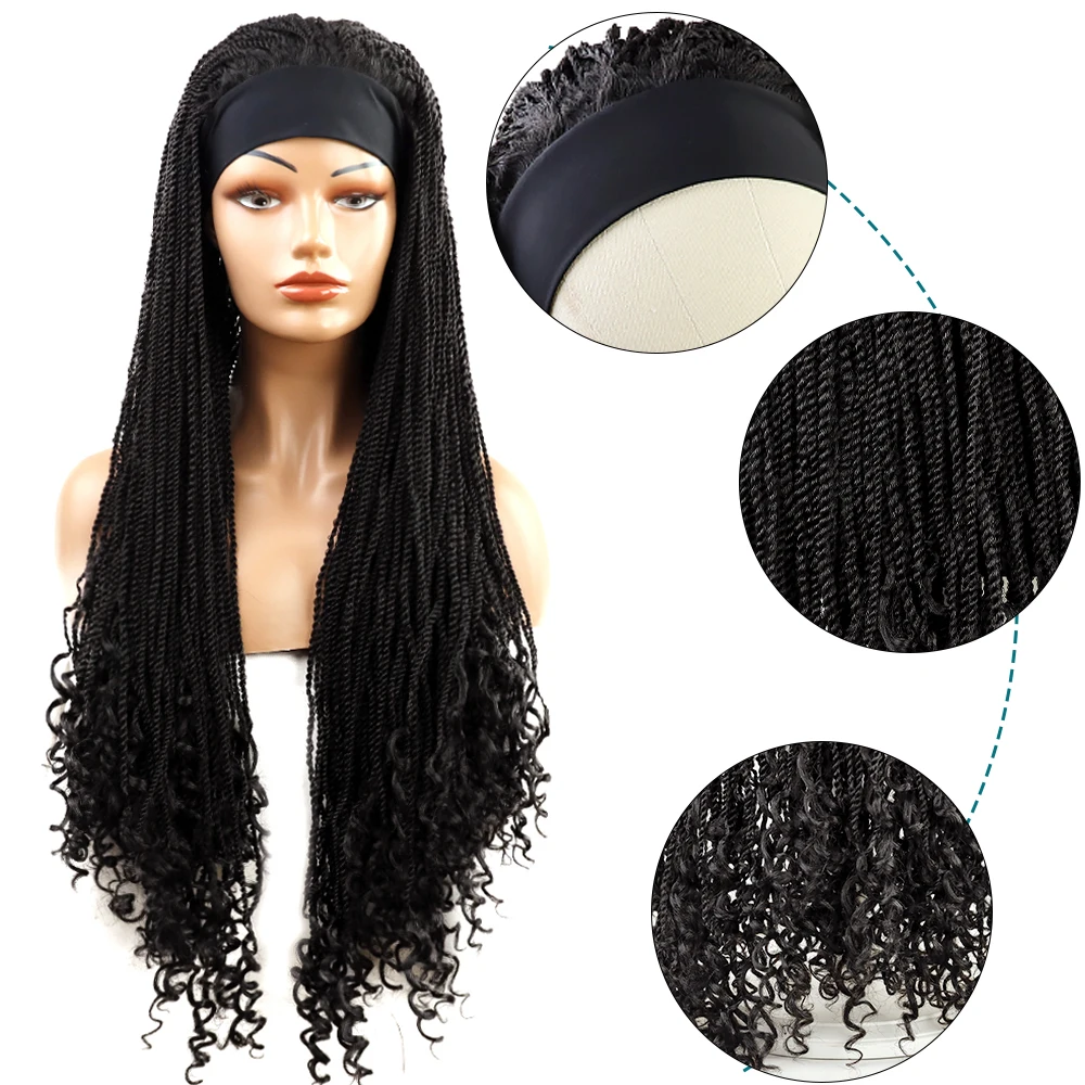 YunRong 34Inches Headband Wig with Curly Ends Senegalese African Braids Wigs Synthetic Cosplay Straight Turban Wig