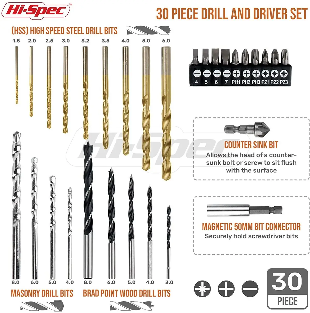 Hi-Spec 30Pc HSS Logam Bor Bit 1/4 Titanium Woodworking Kayu Bor Mansonry Memutar Bor Bit untuk Logam Kayu Plastik Dalam Kasus