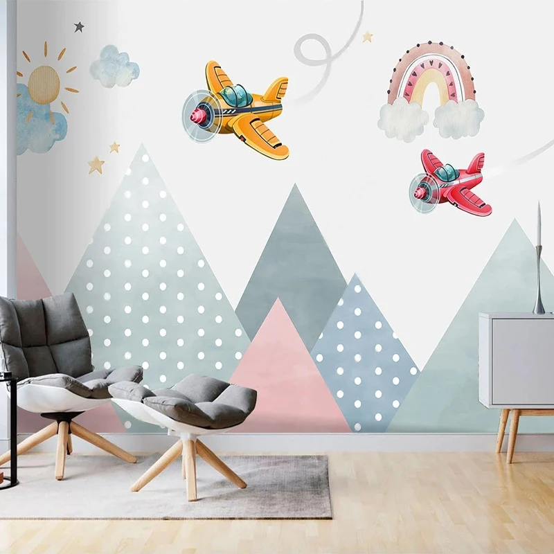 Custom Mural 3D Wallpaper Geometric Mountain Peak Cartoon Airplane Wall Paper Sticker For Children's Room Home And Decoration