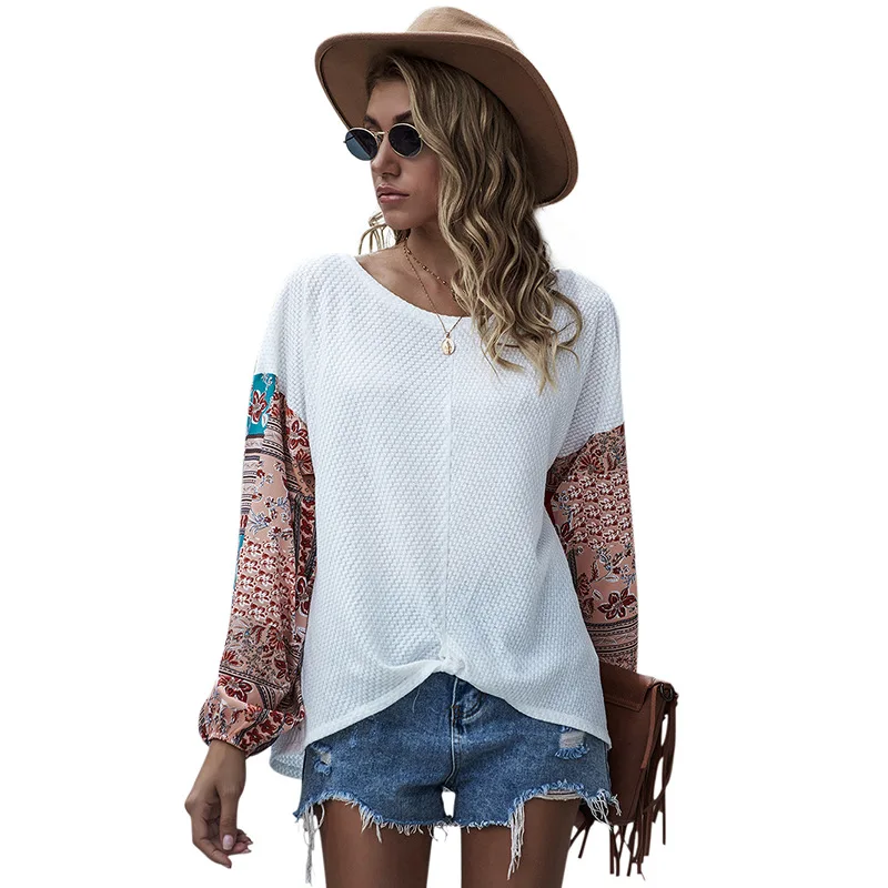 Womens White Tshirts Printed Stitching O-neck Long-sleeved Bohemian Casual T-shirt Top Lady Fashion Slim Fit Sexy Autumn Winter