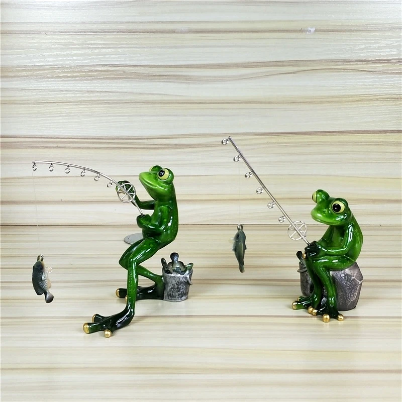 Fishing Frog Figurine Resin Frog Angler Miniature Garden Animal Outdoor Hobby Souvenir Craft Novelty Decor Ornament Accessories