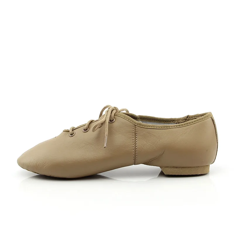 Sandálias Oxford de couro de vaca genuína para mulheres, sapatos de dança jazz, balé, dança jazzística, tie up, sola dividida, têxtil, exercício, ginásio