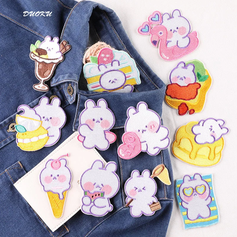 Self-Adhesive Cartoon Rabbit Cake Embroidered No Iron on Patches for Clothing Applique Clothes Sticker Stripes Sewing Accessory