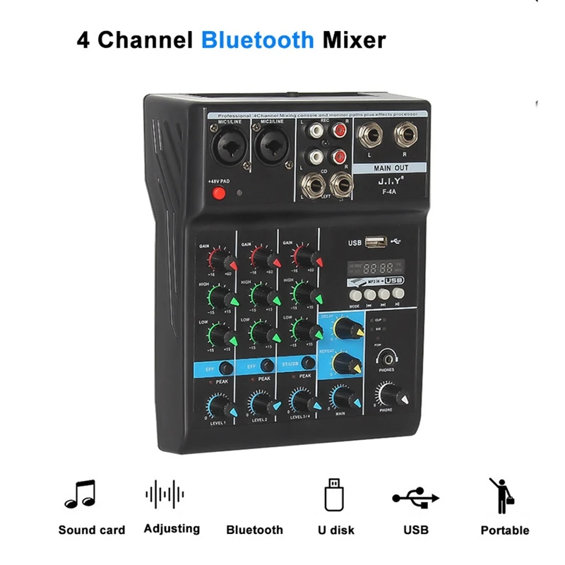 Draagbare Mentale 4 Kanalen Mini Usb Audio Mixer Versterker Console Bluetooth Record Phantom Sound Mixing Console Met Geluidskaart