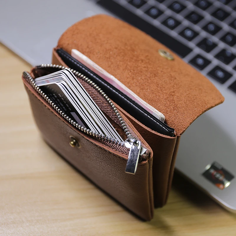 Genuine Leather Women\'s Coin Purse Soft Men Wallets Handmade Handmade Belt design Card Holder Fashion double zipper Purse