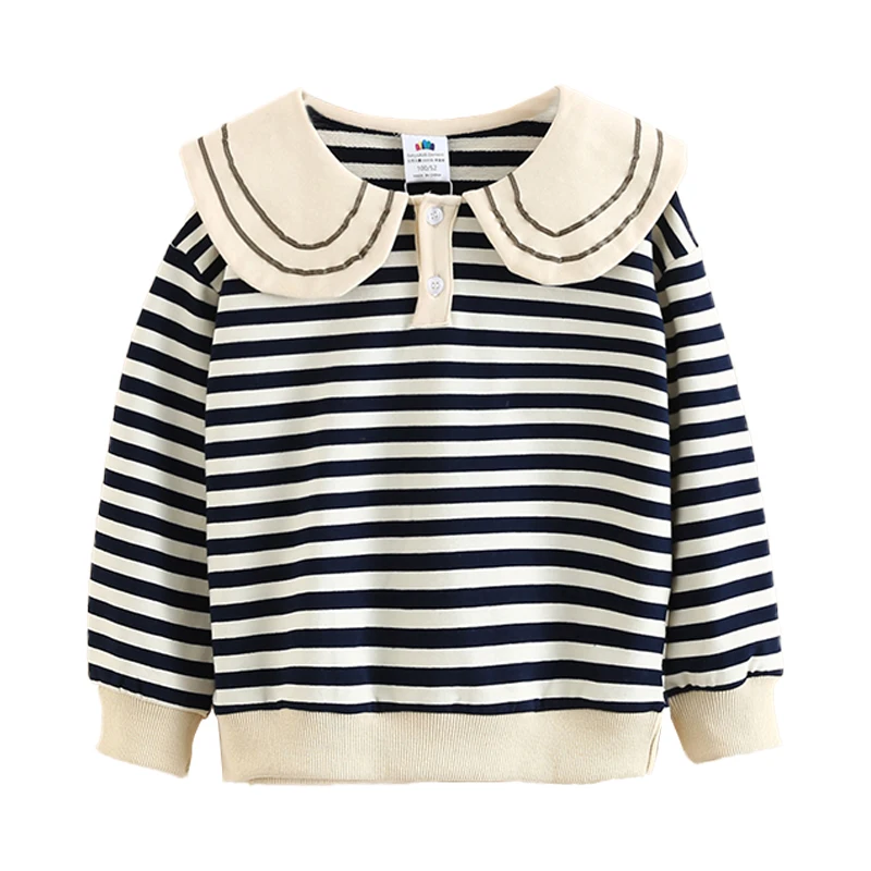 2024 Autumn Spring 2 3 4 5 6 7 8 9 10 Years Casual Long Sleeve Peter Pan Collar Cotton Striped Sweatshirts For Kids Baby Girls