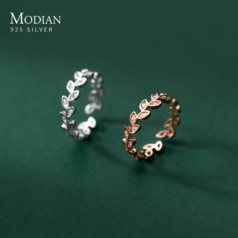 

MODIAN 925 Sterling Silver Fresh Simple Leaves Adjustable Finger Ring Fashion Stackable Jewelry For Women Valentine's Day Gifts