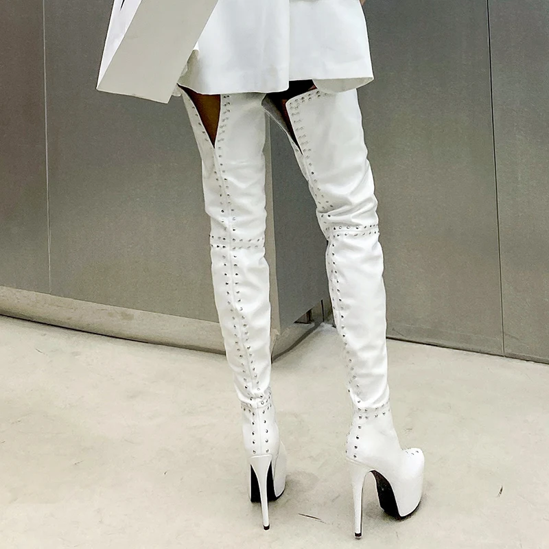 Sgesvier Women Thigh High Boots Sexy Studded Stiletto Heels Round Toe White Black Club Wear Shoes Women Over The Knee Boots