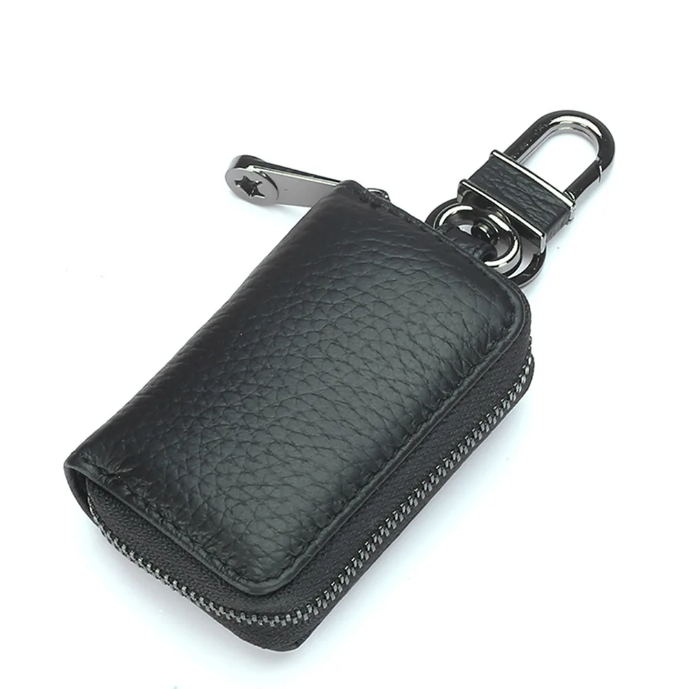 A2630 Mini Simple Fashion Top Layer Cowhide Leather Bag Single Zipper Pocket Waist Metal Buckle Automobile Car Key Chain Case