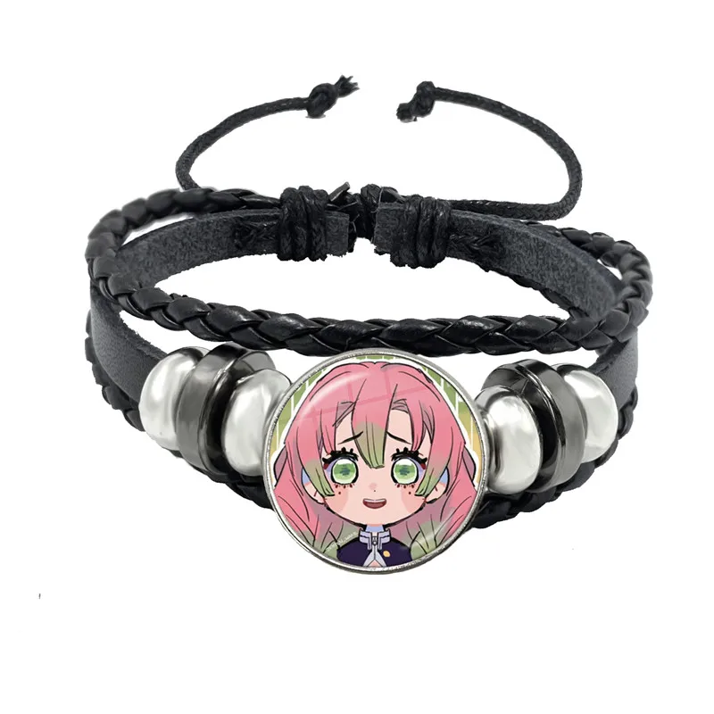 Anime Demon Slayer: Kimetsu No Yaiba Kamado Tanjirou Cosplay Bracelet Cartoon Collect Glass Cabochon Leather Bangle Jewelry Gift