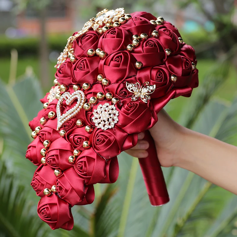 New Waterfall Wedding Hand Holding Bouquet for Bride and Bridesmaid Wine Red Crystal Simulation Rose Handmade Bouquet W320