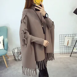 Women Cloak Sweater Drawstring Solid Casual Loose Batwing Sleeve Knitted Cape Pullover Spring Autumn Tassel Ladies Jumper Poncho