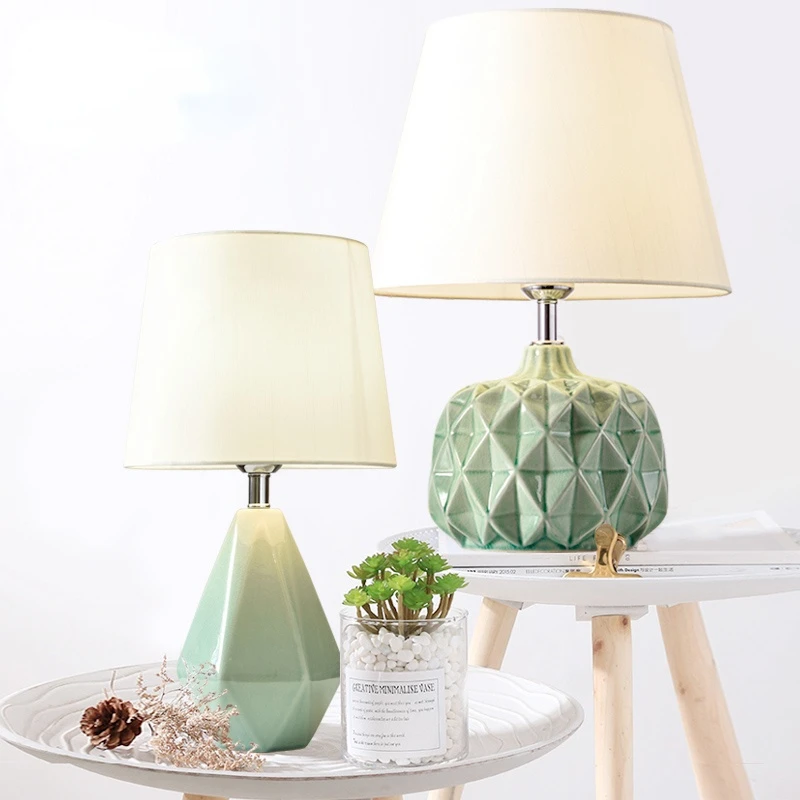 Free Shipping Nordic Diamond Green Ceramic Table Lamp for Bedroom Living Room Modern Bedside Lamp Ceramic Lamp for Bedroom